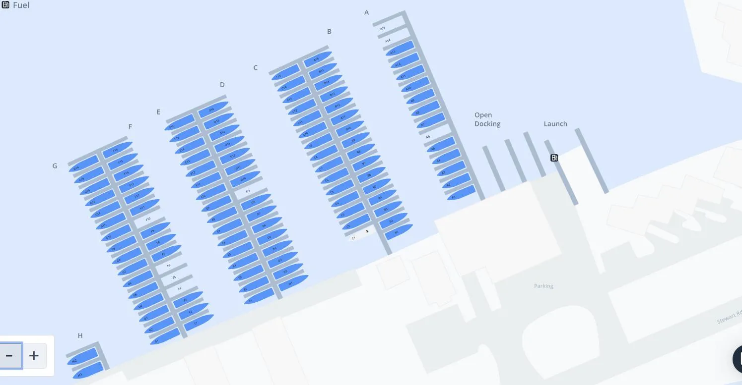 Marina layout showing all 108 slips fully reserved across docks A through H